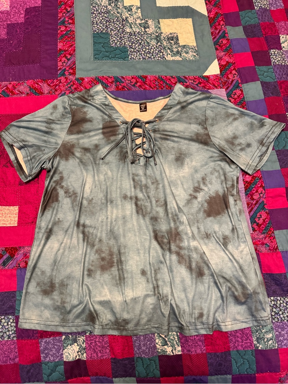 SHEIN Tie-Dye Lace-Up Short Sleeve Top - Blue